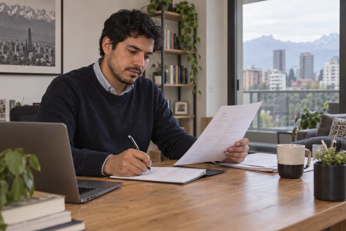 Profesional revisa su currículum y anota observaciones en un escritorio.