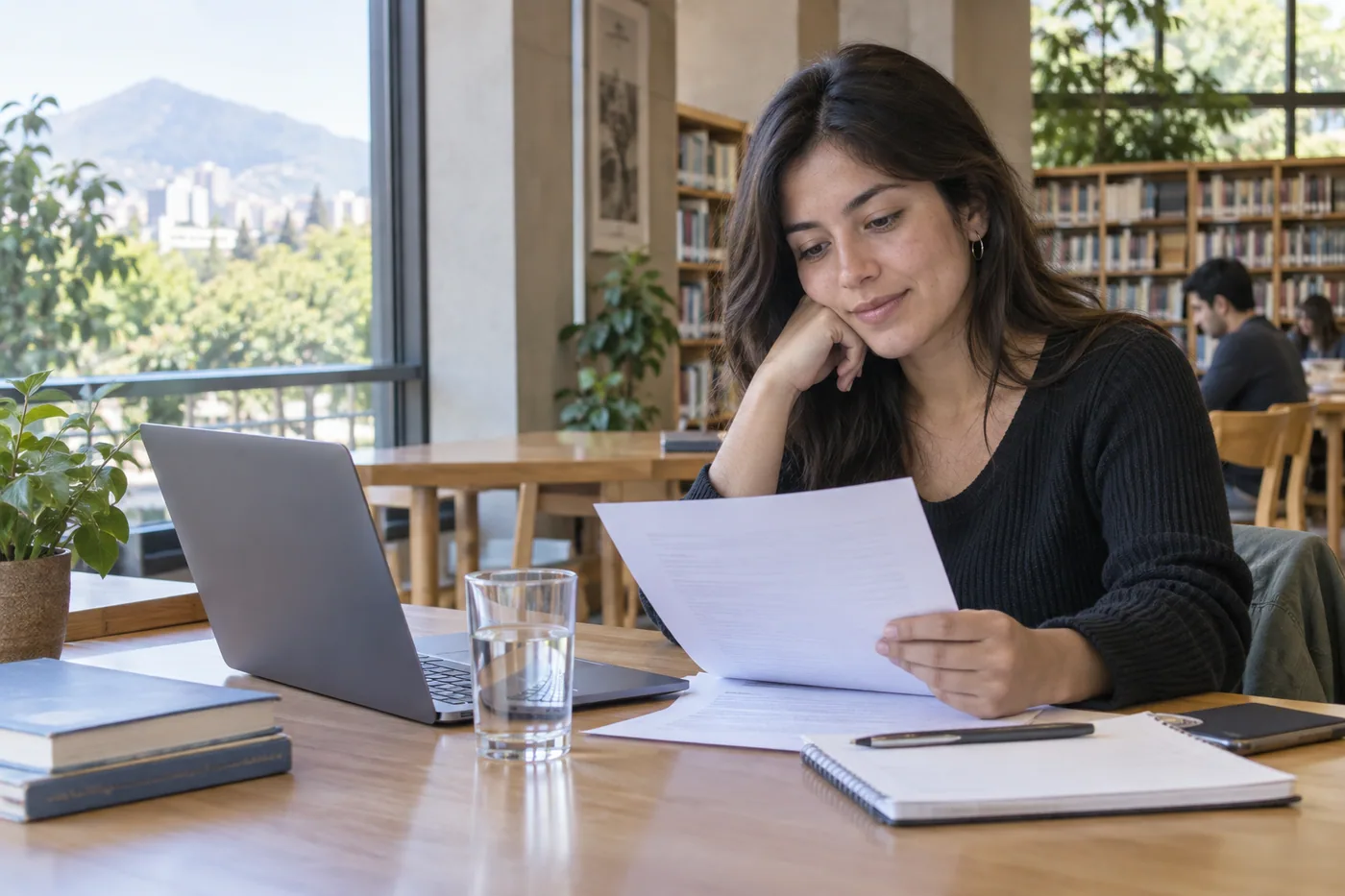 Profesional revisa su currículum junto a un computador en una biblioteca.